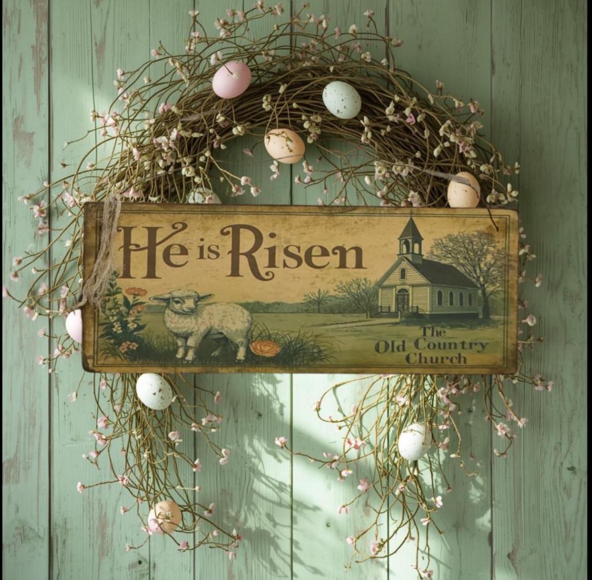 Primitive Easter Wood Sign – He Is Risen, Country Church, Lamb – Rustic Farmhouse Decor