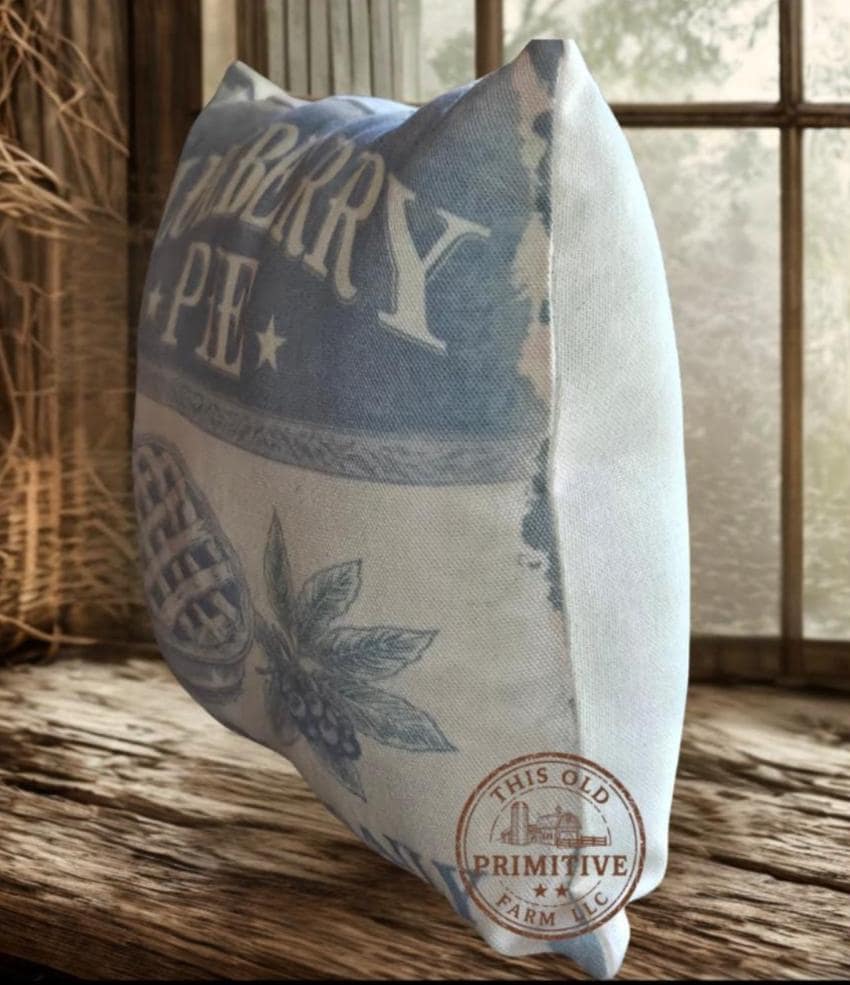 Blueberry Pie Pillow | Primitive Farmhouse Decor, Vintage Bakery Sign (12x9)