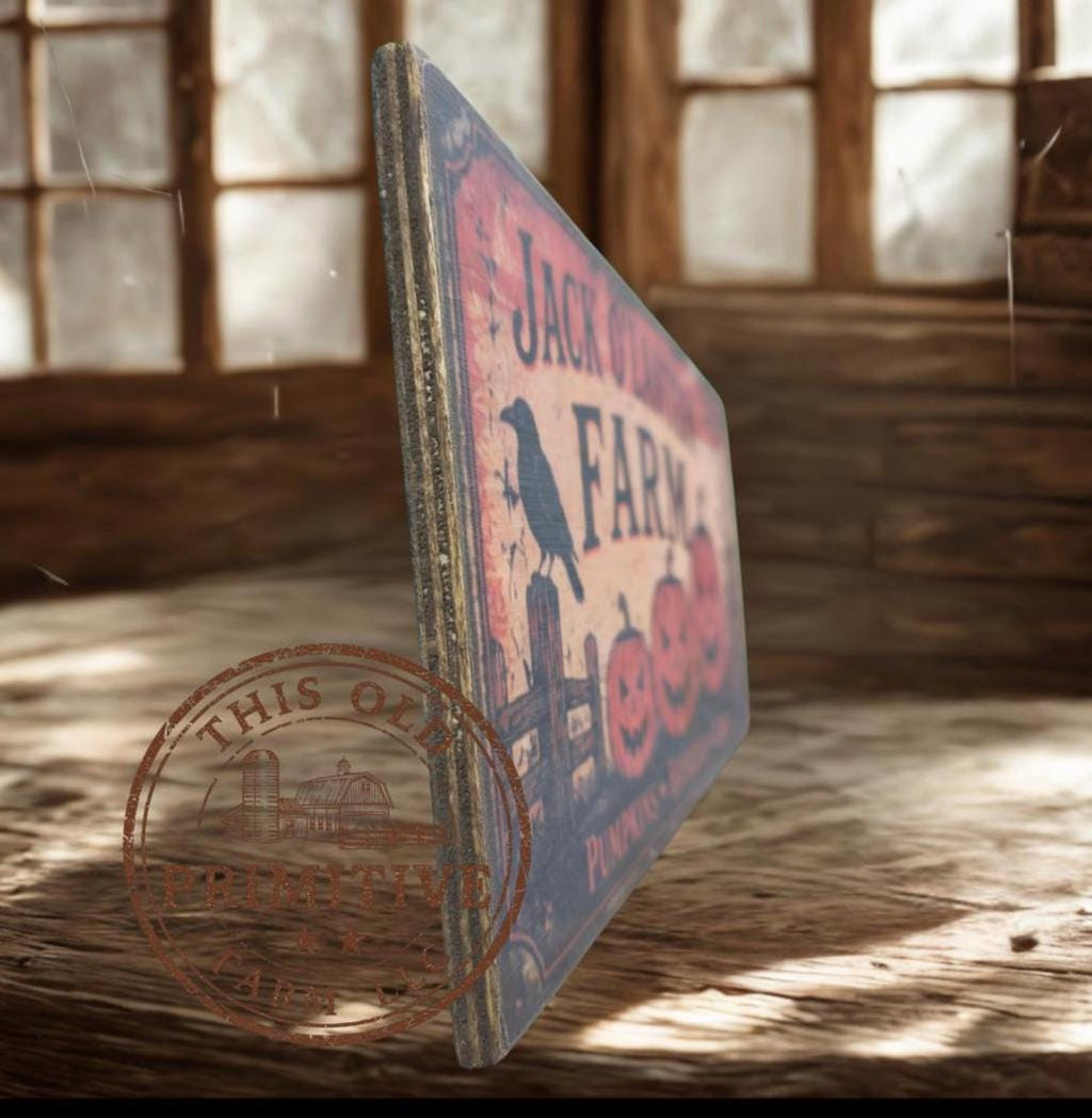 Jack O Lantern Farm Halloween Sign | Rustic Folk Art Wood Decor (13 x 5)