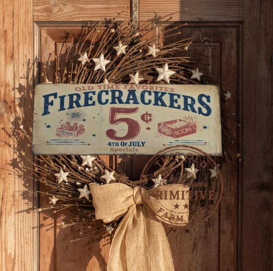 Primitive Firecracker 5 Cents Sign – Rustic Farmhouse Americana Decor – Folk Art Patriotic Sign