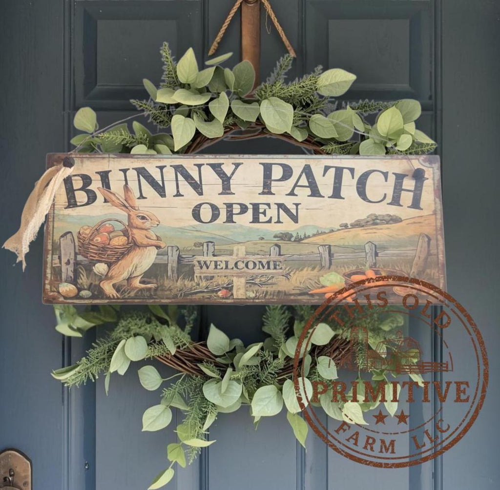 Primitive Bunny Patch Open Sign – Rustic Easter Welcome Decor, Folk Art