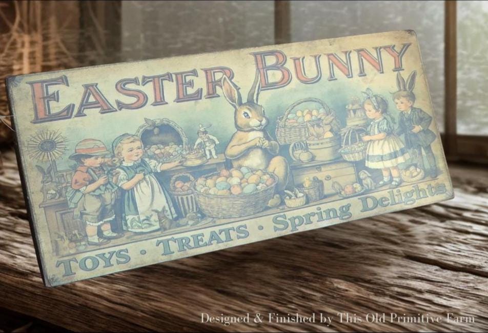 Primitive Easter Bunny Sign – Vintage Spring Folk Art Farmhouse Decor