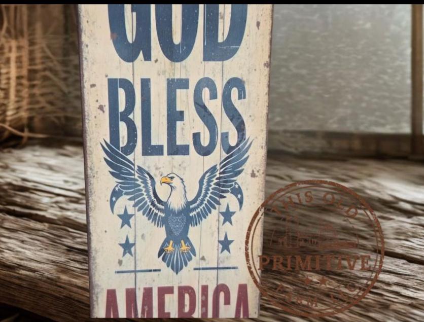 Primitive God Bless America Eagle Sign – Rustic Farmhouse Americana Decor – Folk Art Patriotic Sign