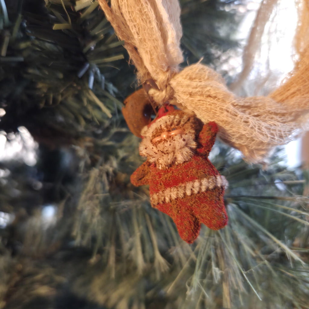 Farmhouse Christmas Garland: 4ft Coffee Stained Cheesecloth with Bells, Vintage Santa