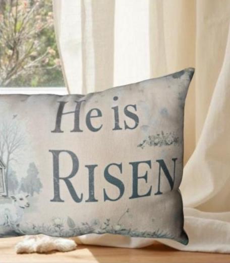 Primitive He Is Risen Throw Pillow – Rustic Easter Church Decor – Farmhouse Spring Accent – 12x17