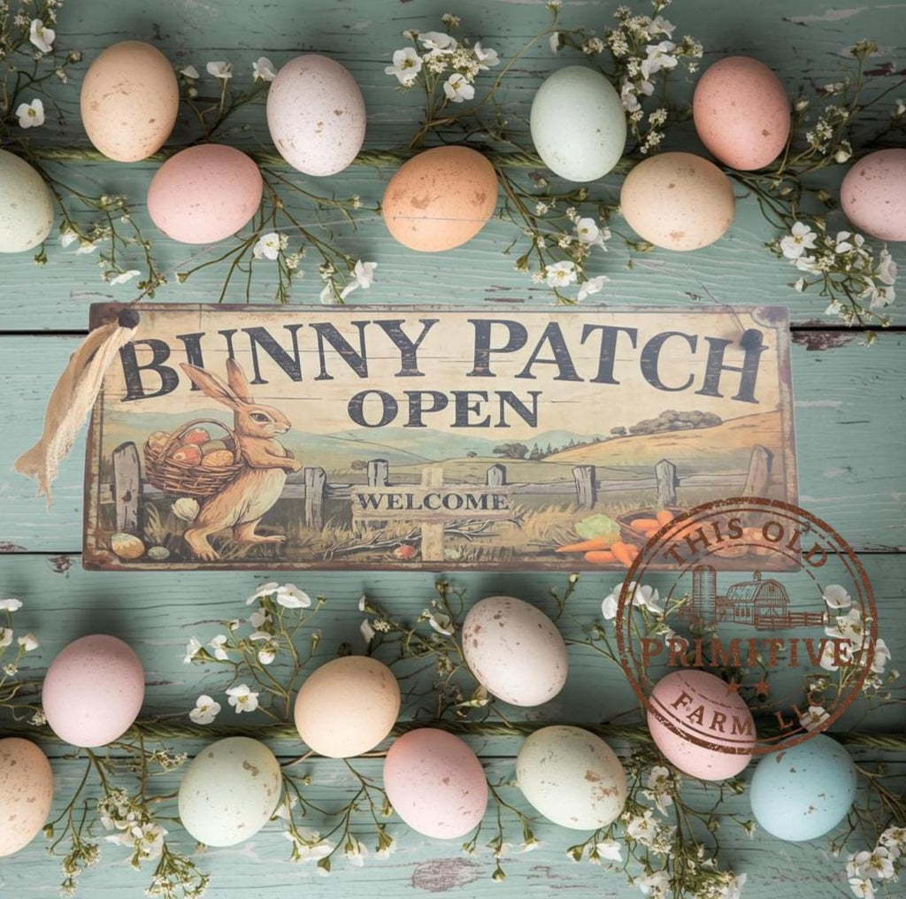Primitive Bunny Patch Open Sign – Rustic Easter Welcome Decor, Folk Art