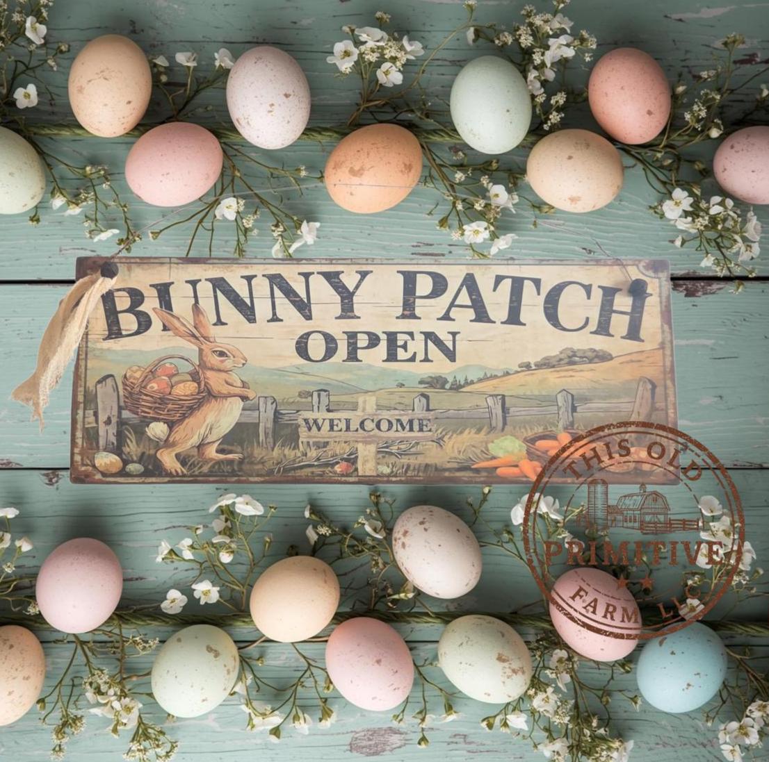 Primitive Bunny Patch Open Sign – Rustic Easter Welcome Decor, Folk Art