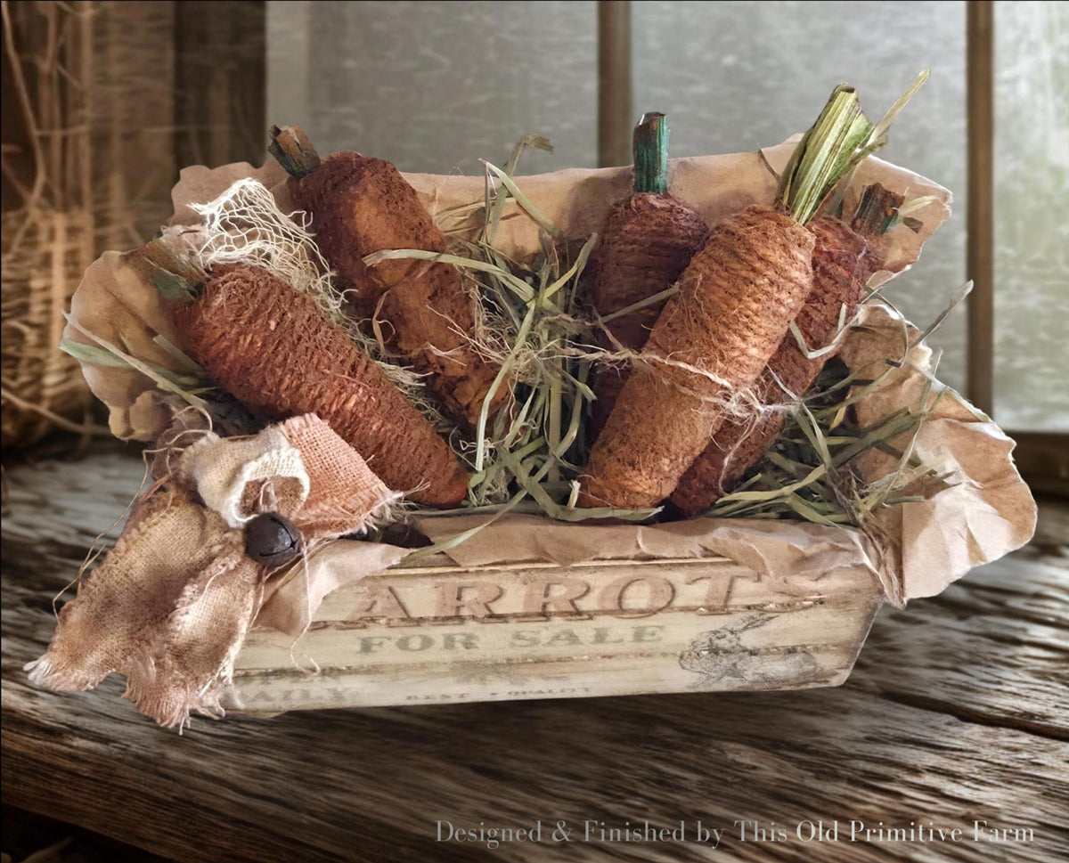 Primitive Carrot Crate Display – Rustic Farmhouse Spring Decor, Cinnamon Carrots