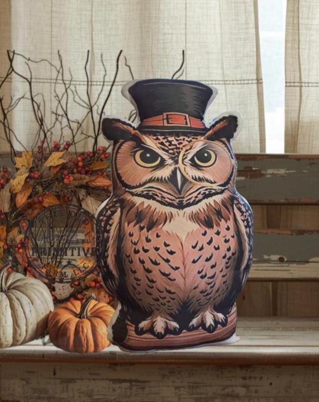Primitive Folk Art Owl Pillow | Halloween Fall Decor (11x18)