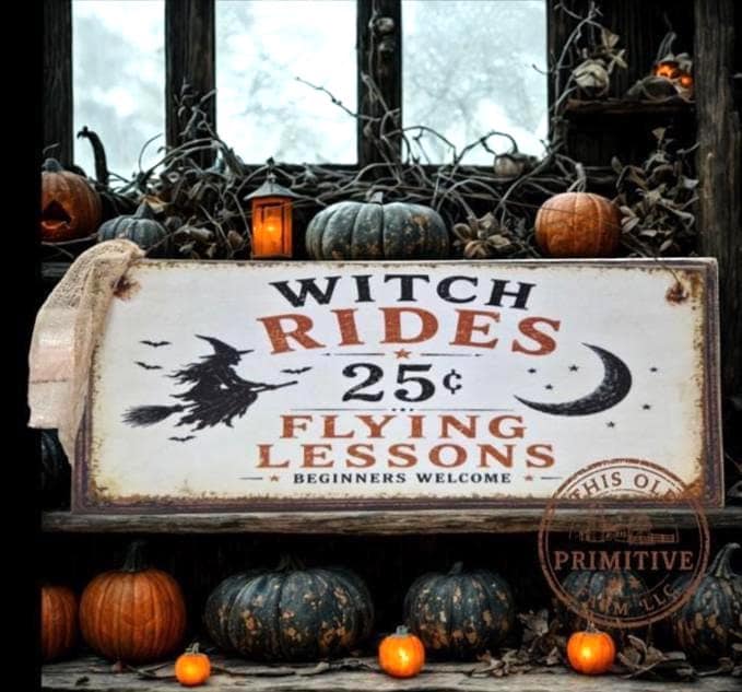 Primitive Witch Flying Lessons Sign | Vintage Halloween Rustic Farmhouse Decor