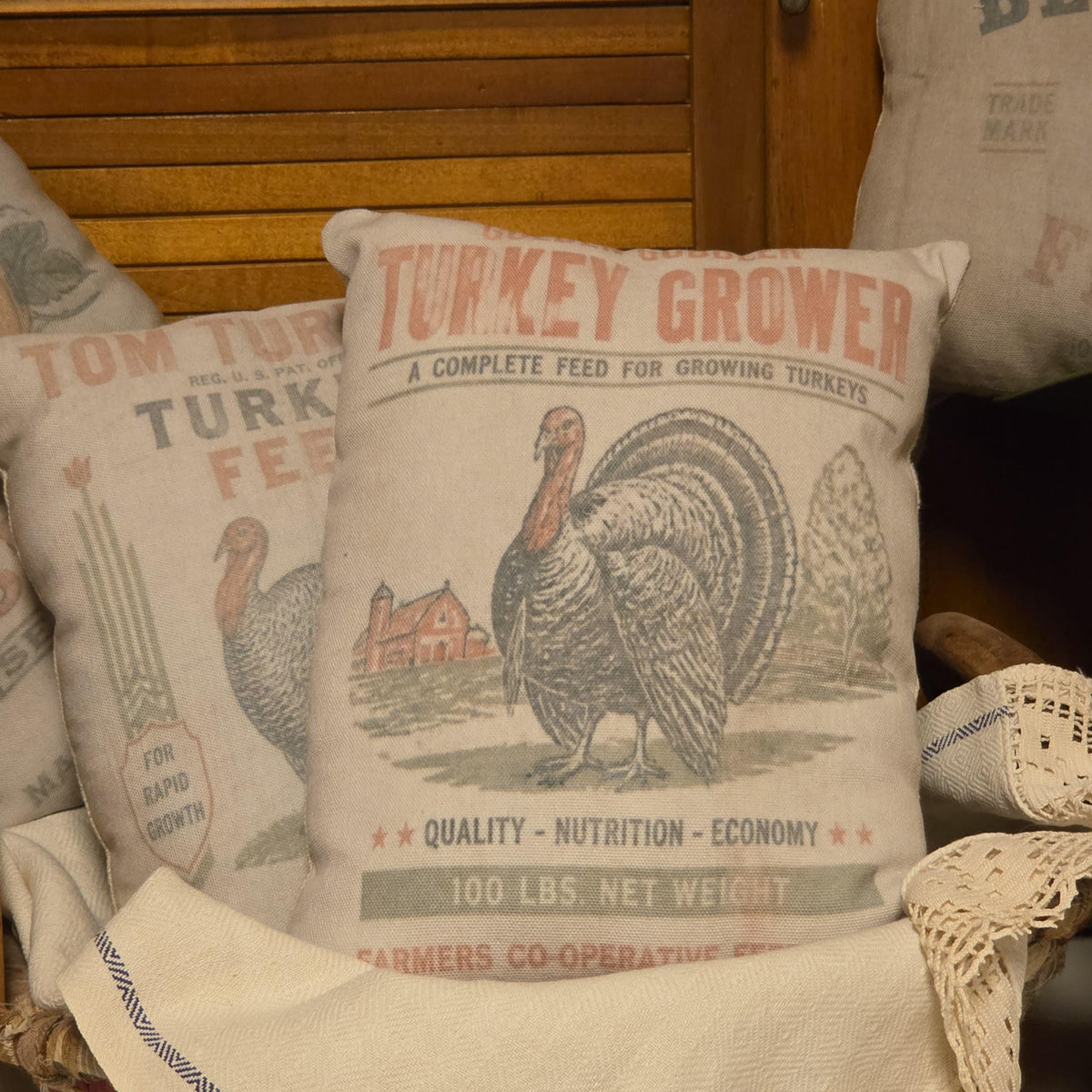 Turkey Grower Pillow, Thanksgiving Feedsack Shelf Sitter, Primitive Farmhouse Fall Decor