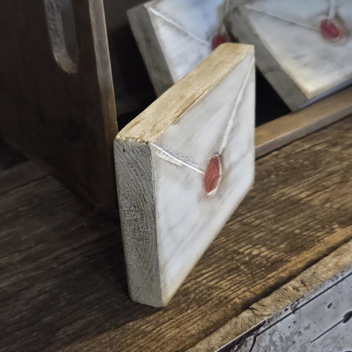 Primitive Valentine Wood Envelope Set | Hand Cut & Carved Love Letters with Faux Red Wax Seal Decor