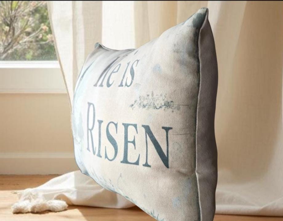 Primitive He Is Risen Throw Pillow – Rustic Easter Church Decor – Farmhouse Spring Accent – 12x17