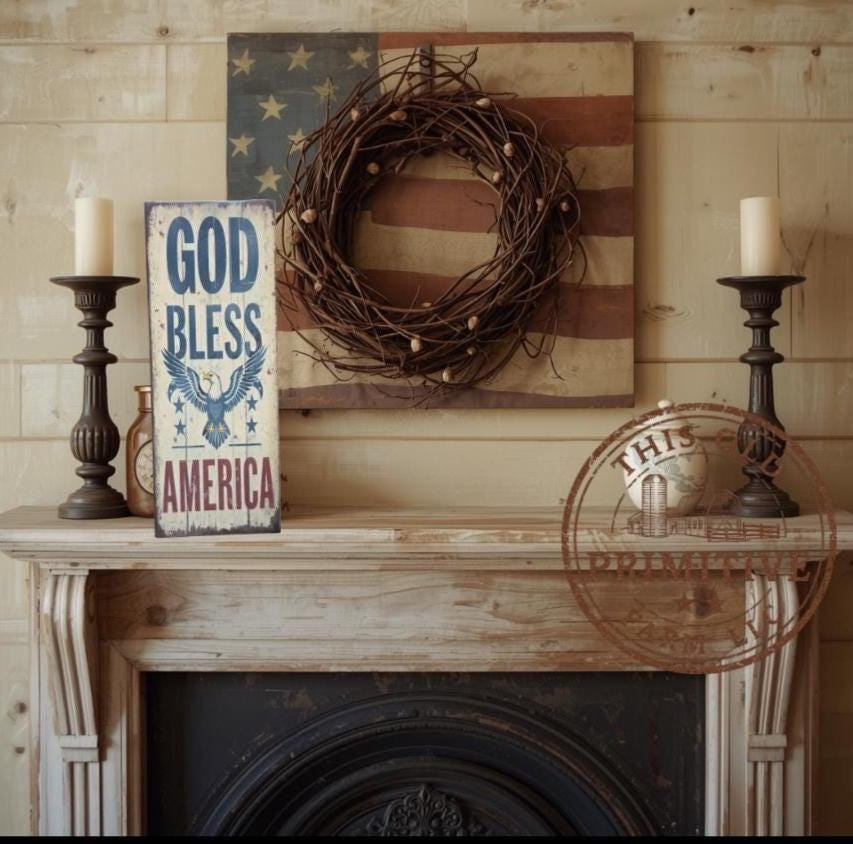 Primitive God Bless America Eagle Sign – Rustic Farmhouse Americana Decor – Folk Art Patriotic Sign