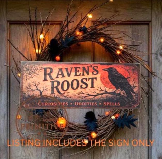 Primitive Ravens Roost Halloween Wood Sign | Rustic Folk Art Wall Decor (13 x 5)