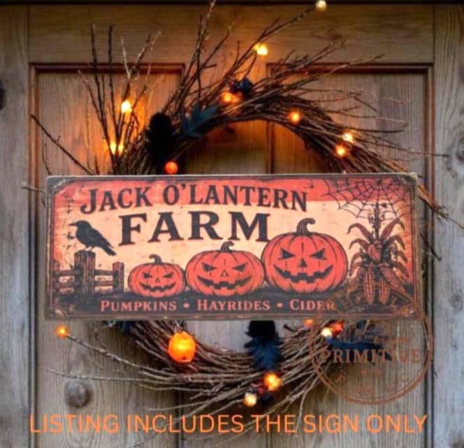 Jack O Lantern Farm Halloween Sign | Rustic Folk Art Wood Decor (13 x 5)