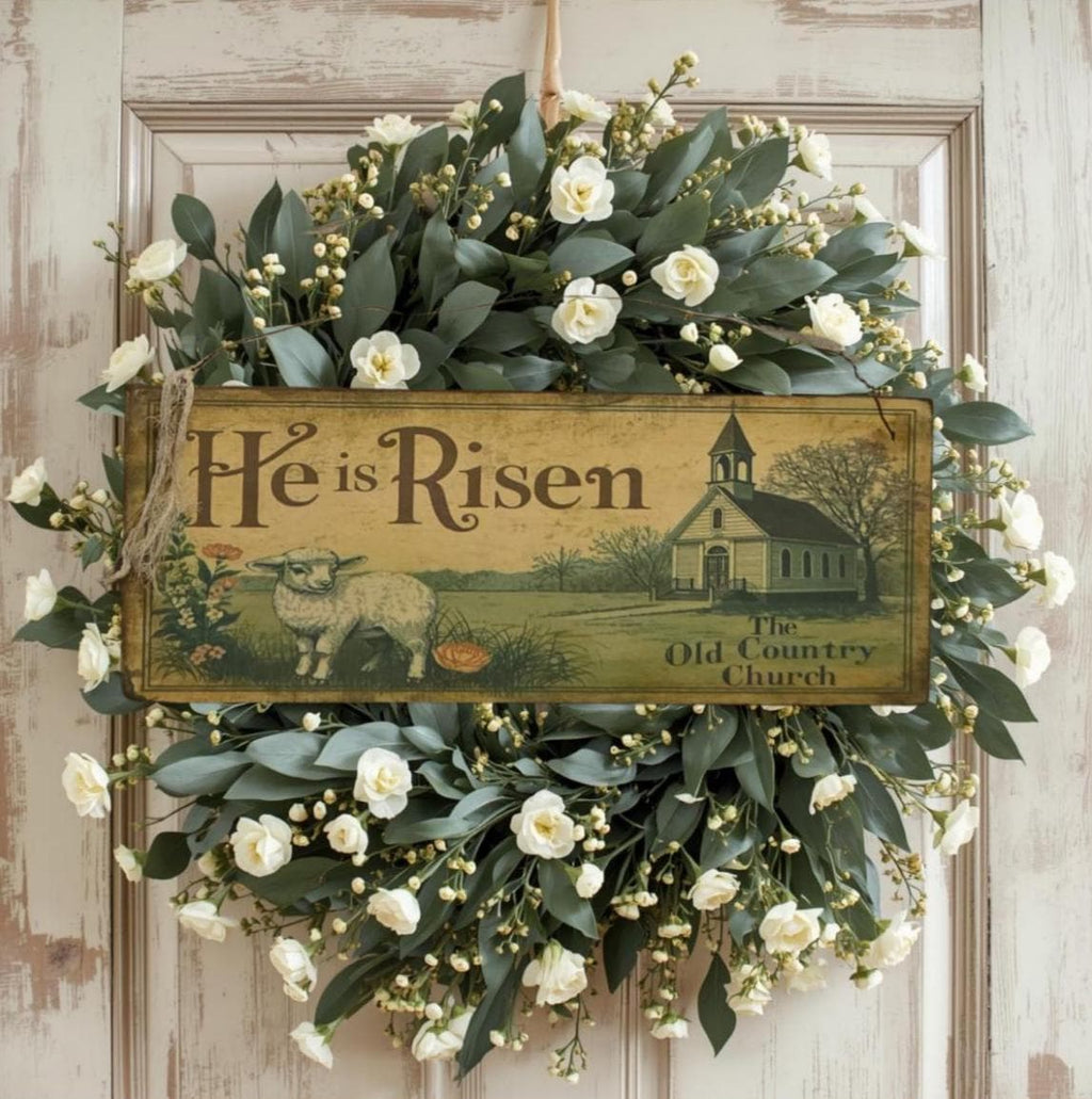 Primitive Easter Wood Sign – He Is Risen, Country Church, Lamb – Rustic Farmhouse Decor