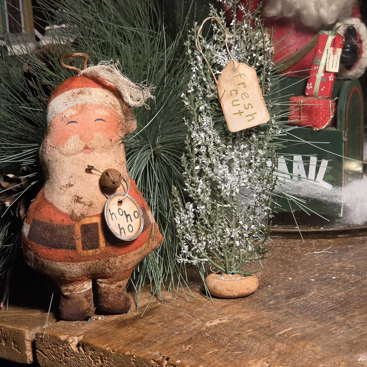 Primitive Cinnamon Grunged Santa Ornament, Sleigh Rides Hangtag and faux pine sprig