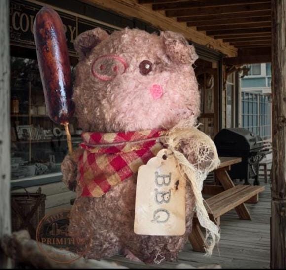 Primitive Farmhouse BBQ Pig Shelf Sitter, Rustic Summer Decor, Hand-Finished Hot Dog Accent