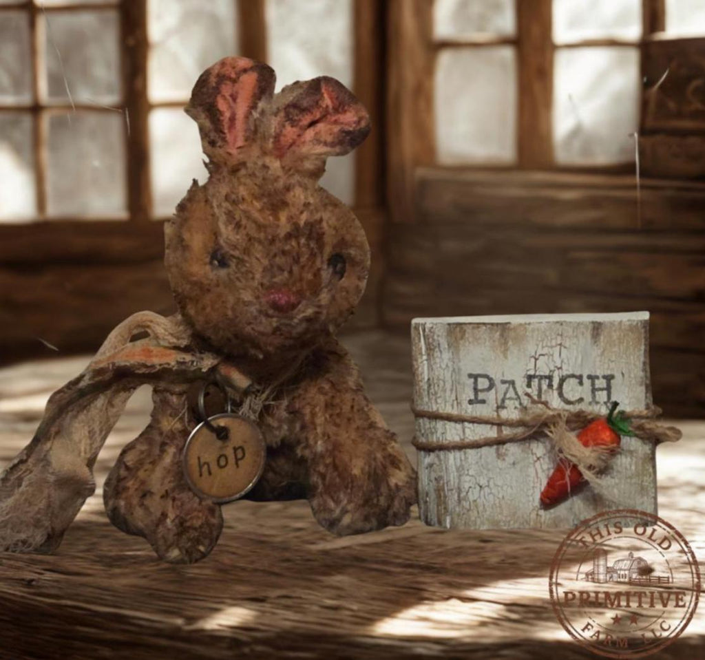 Primitive Grunged Bunny Shelf Sitter – Handmade Spring Bunny Decor – Rustic Farmhouse Easter Bunny with Wood Block Sign