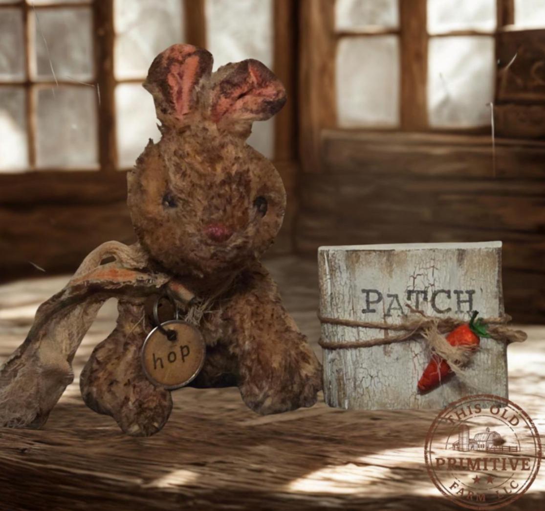 Primitive Grunged Bunny Shelf Sitter – Handmade Spring Bunny Decor – Rustic Farmhouse Easter Bunny with Wood Block Sign