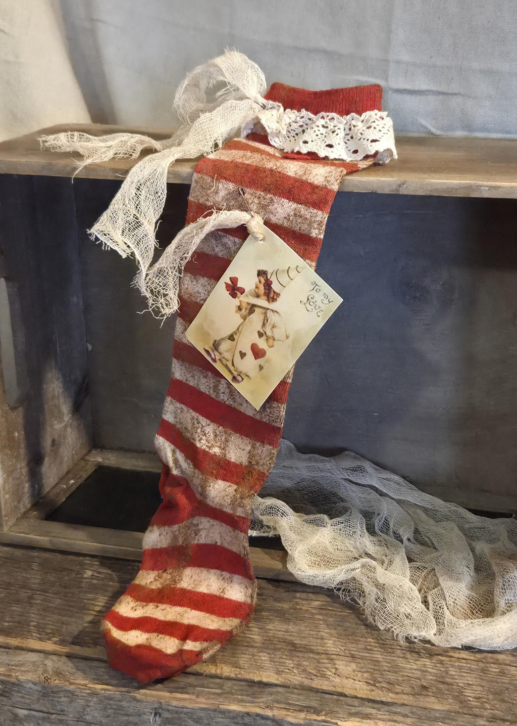 Primitive Valentine Stocking | Cinnamon Grunged Red Stripe Sock | One of a Kind Rustic Valentine Decor