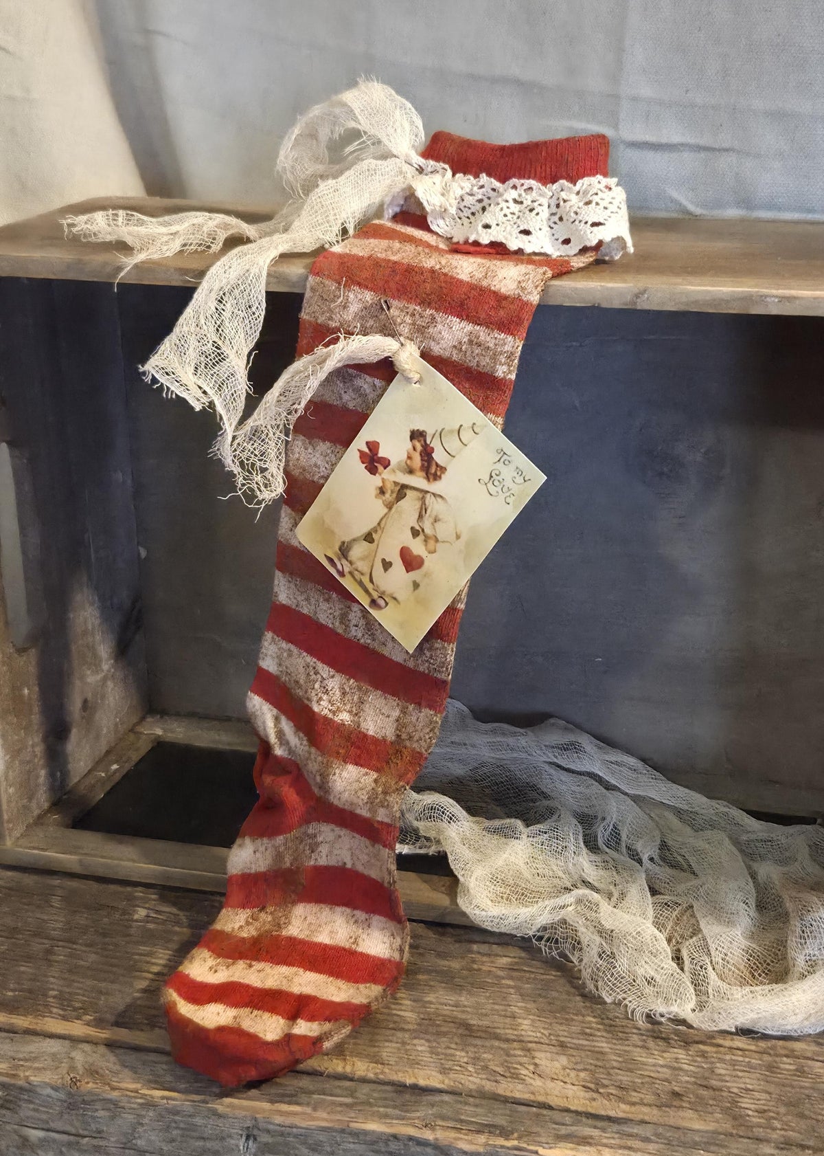 Primitive Valentine Stocking | Cinnamon Grunged Red Stripe Sock | One of a Kind Rustic Valentine Decor