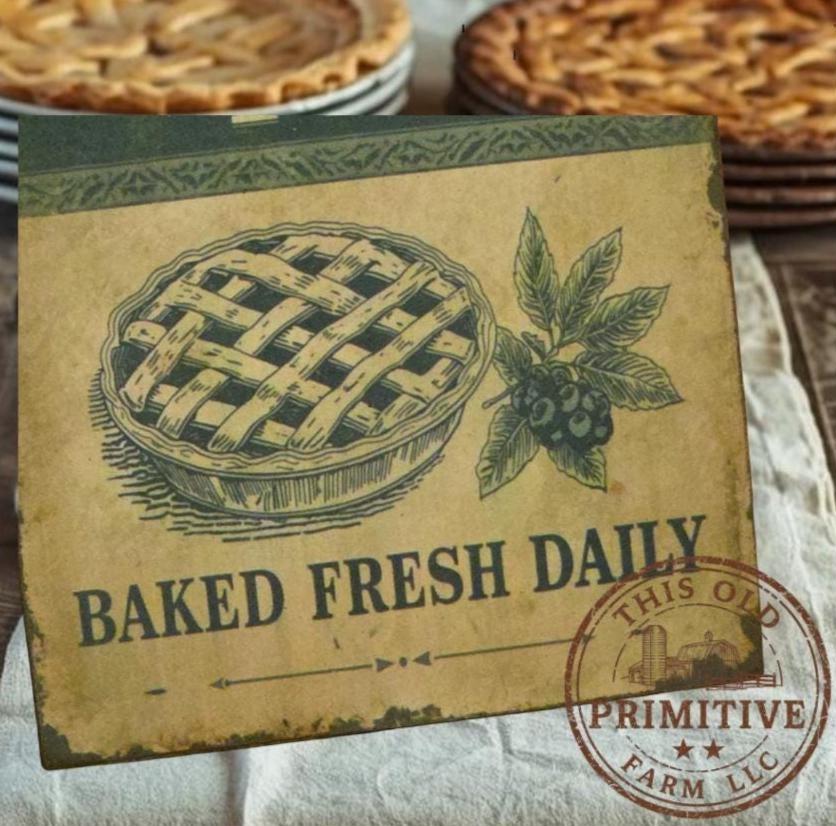 Primitive Blueberry Pie Sign – Baked Fresh Farmhouse Kitchen Decor, Rustic Bakery Wall Art