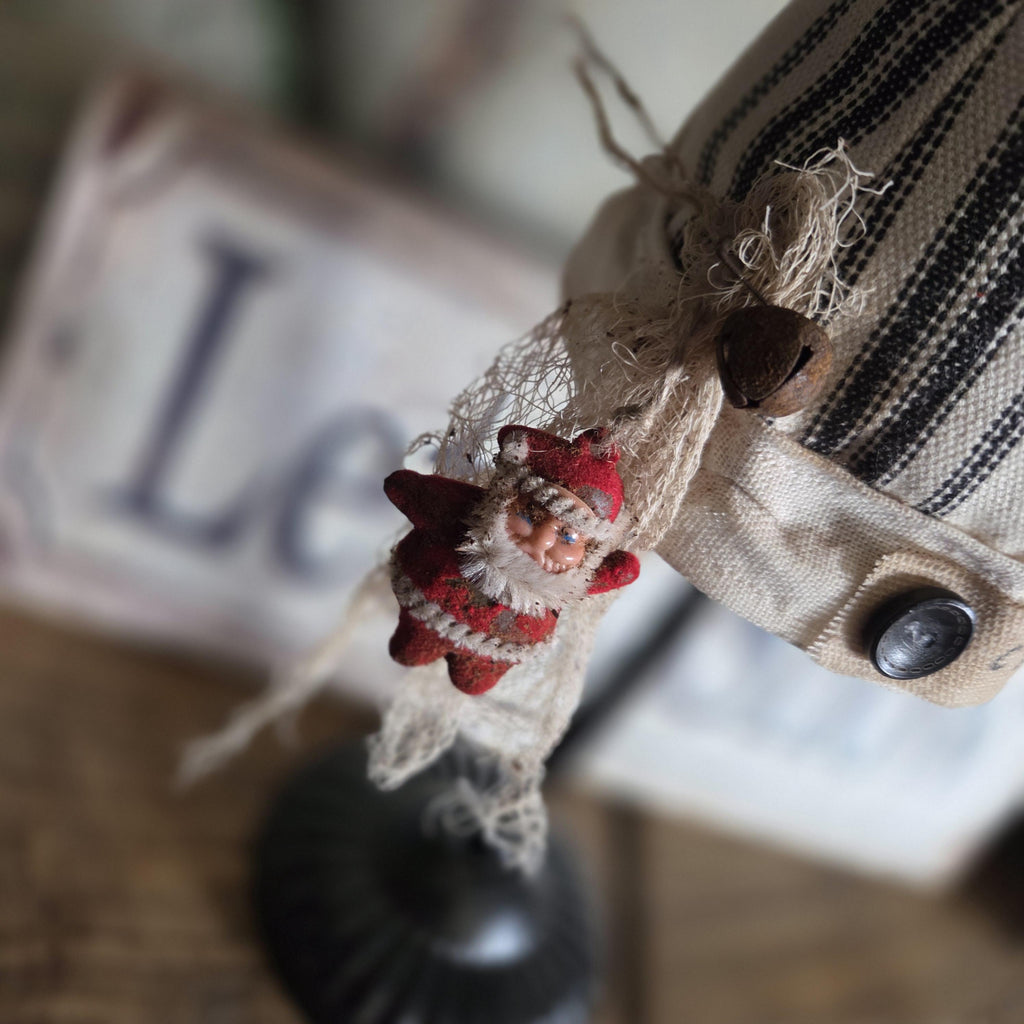 Handmade Farmhouse Santa Hat – Black Cream Duck Cloth, Primitive Christmas Décor