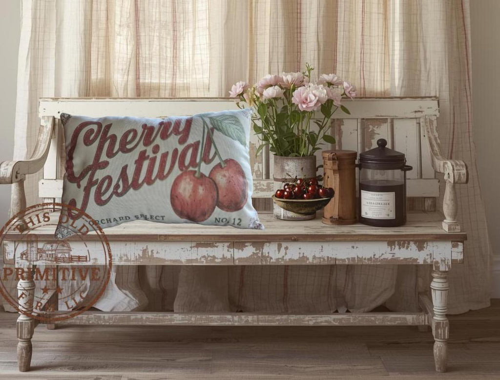 Cherry Festival Pillow | Primitive Farmhouse Feedsack Decor (12x17)