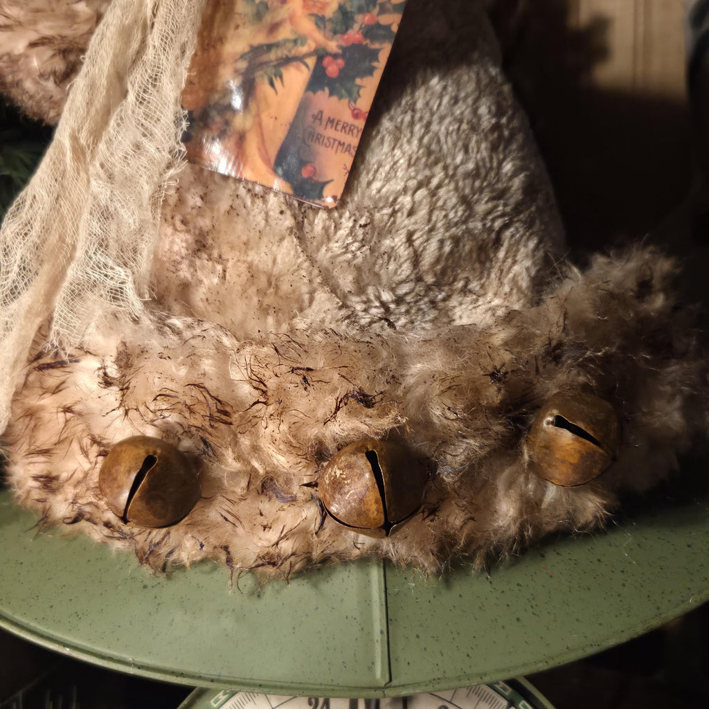Premium Limited Edition Primitive Rustic Santa Hat Tree Topper | Handcrafted Cream Plush with Rusty Jingle Bells