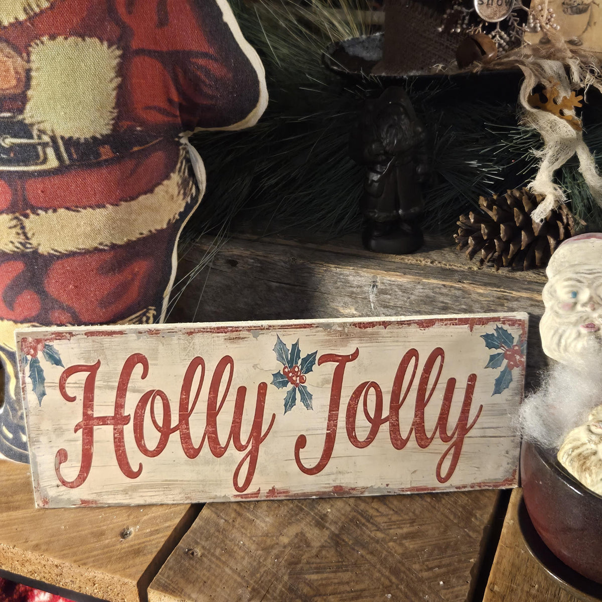 Handmade Holly Jolly Christmas Sign | Rustic Farmhouse Wood Decor (13x5)
