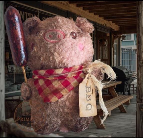 Primitive Farmhouse BBQ Pig Shelf Sitter, Rustic Summer Decor, Hand-Finished Hot Dog Accent