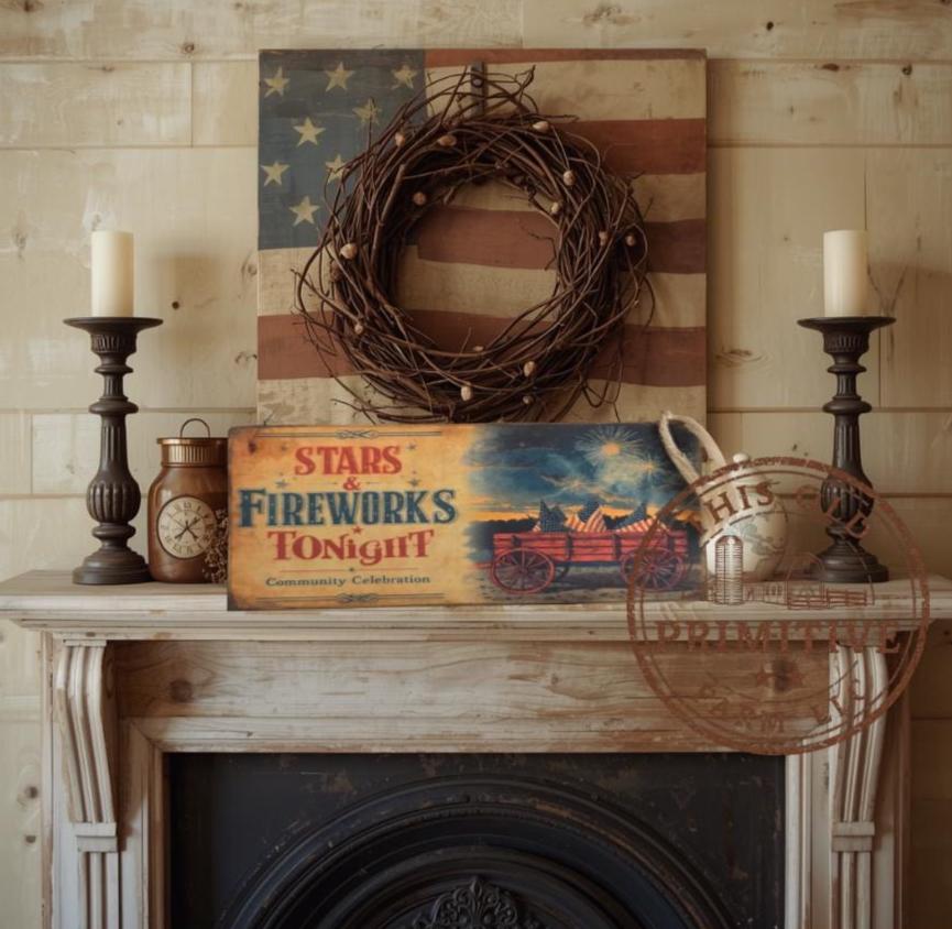 Primitive Stars and Fireworks Tonight Sign – Rustic Farmhouse Americana Decor – Folk Art Patriotic Sign