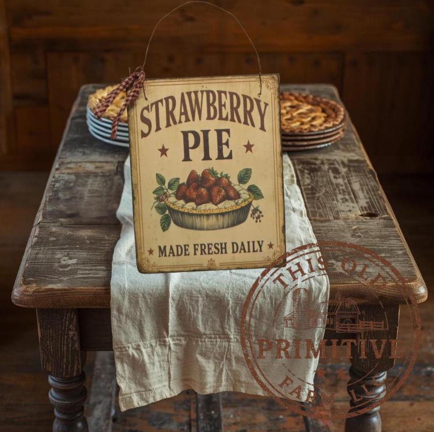Primitive Strawberry Pie Sign – Farmhouse Kitchen Decor, Rustic Bakery Wall Art