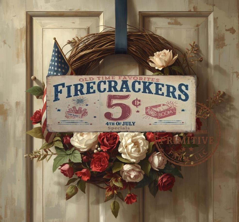 Primitive Firecracker 5 Cents Sign – Rustic Farmhouse Americana Decor – Folk Art Patriotic Sign