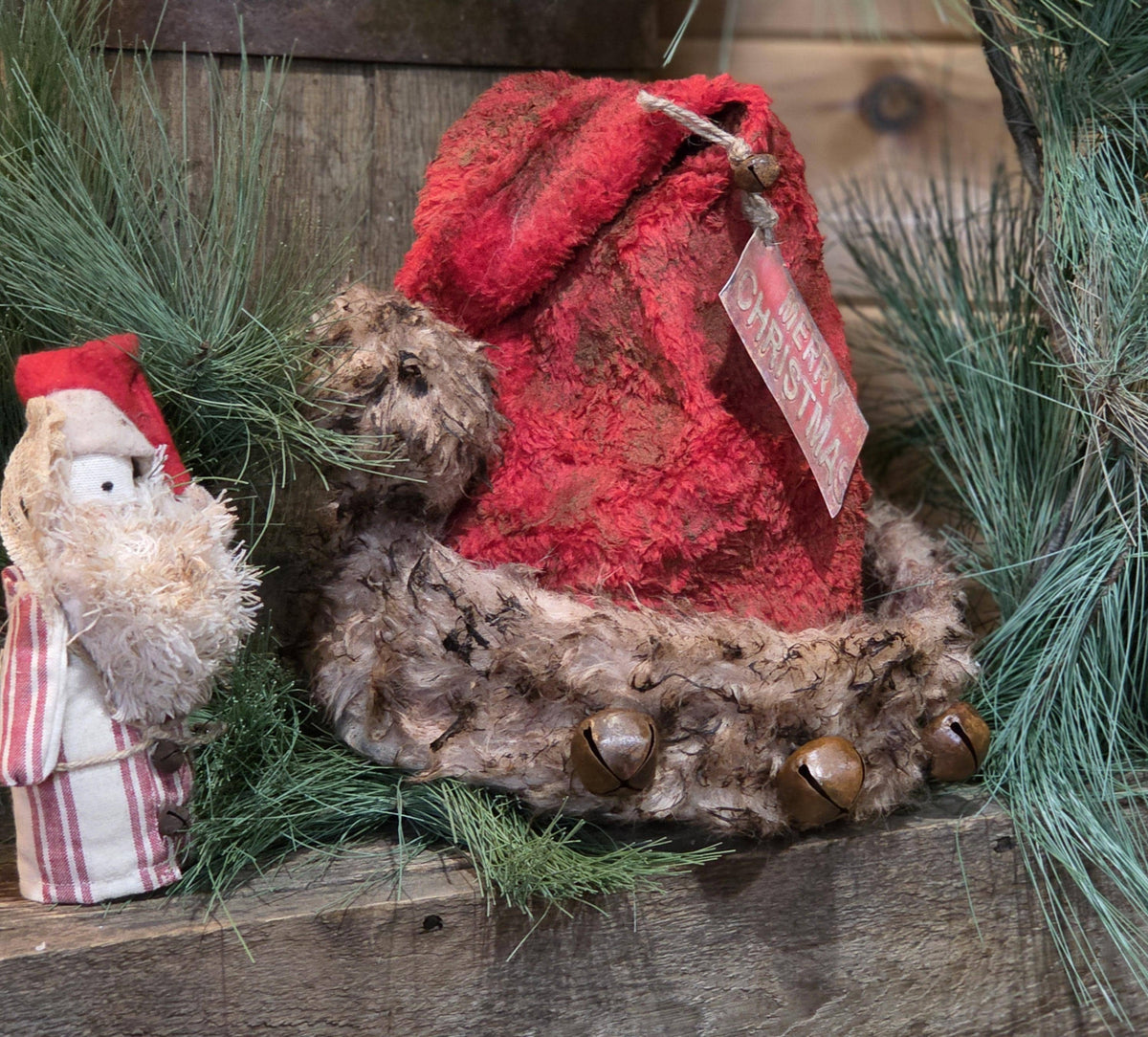 Premium Primitive Rustic Santa Hat Tree Topper | Handcrafted Farmhouse Christmas Décor | Limited Edition Holiday Santa Hat with Jingle Bells