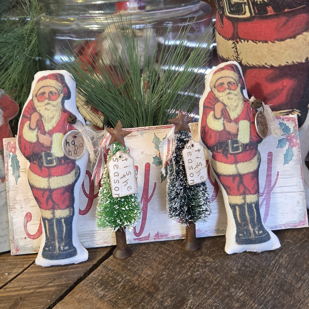 Primitive Santa Christmas Decor | Rustic Farmhouse Santa Gift | Bottle Brush Tree with Rusty Star on Wooden Spool | Nostalgic Holiday Shelf