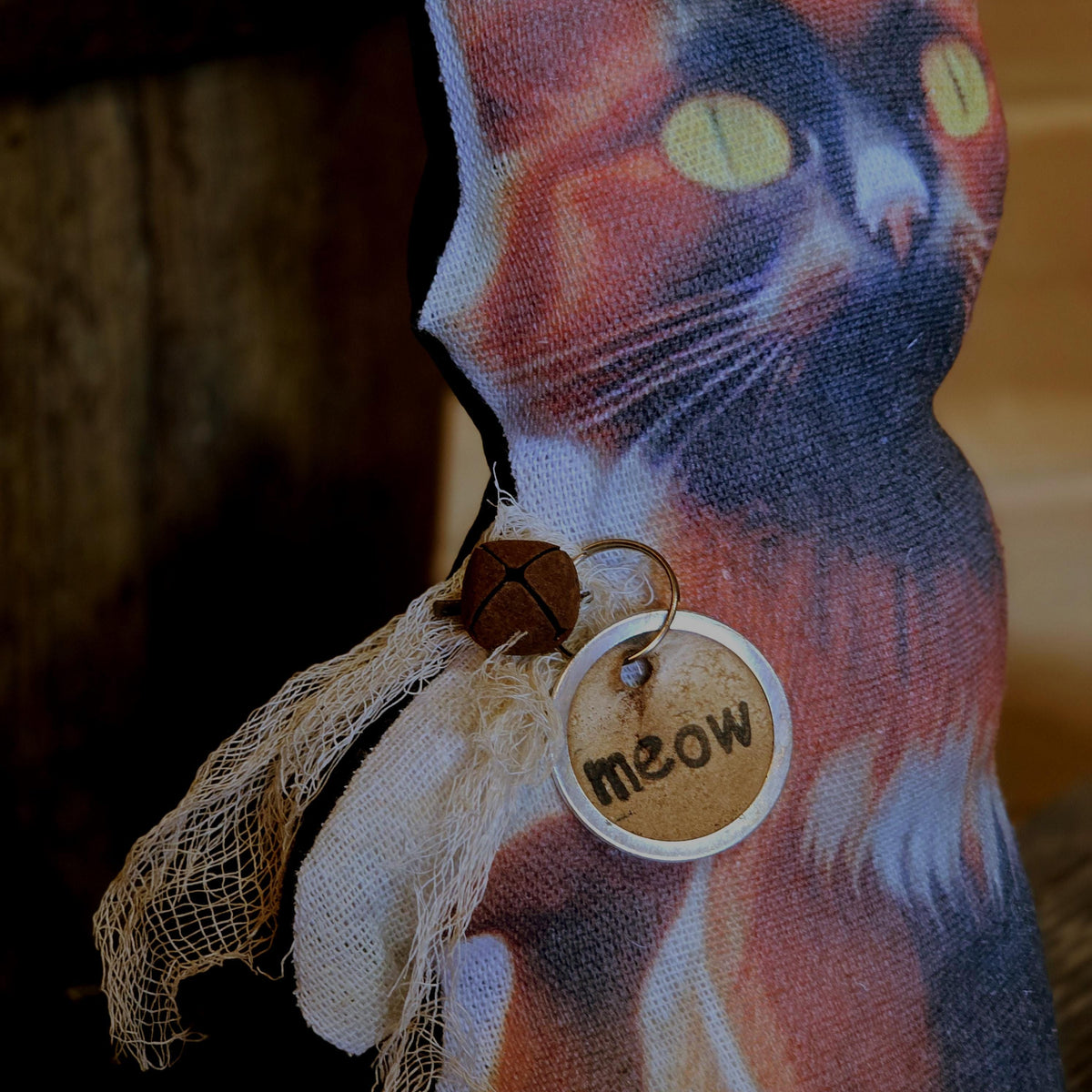Handmade Primitive Cat Pillow: Rustic Farmhouse Decor with Meow Tag