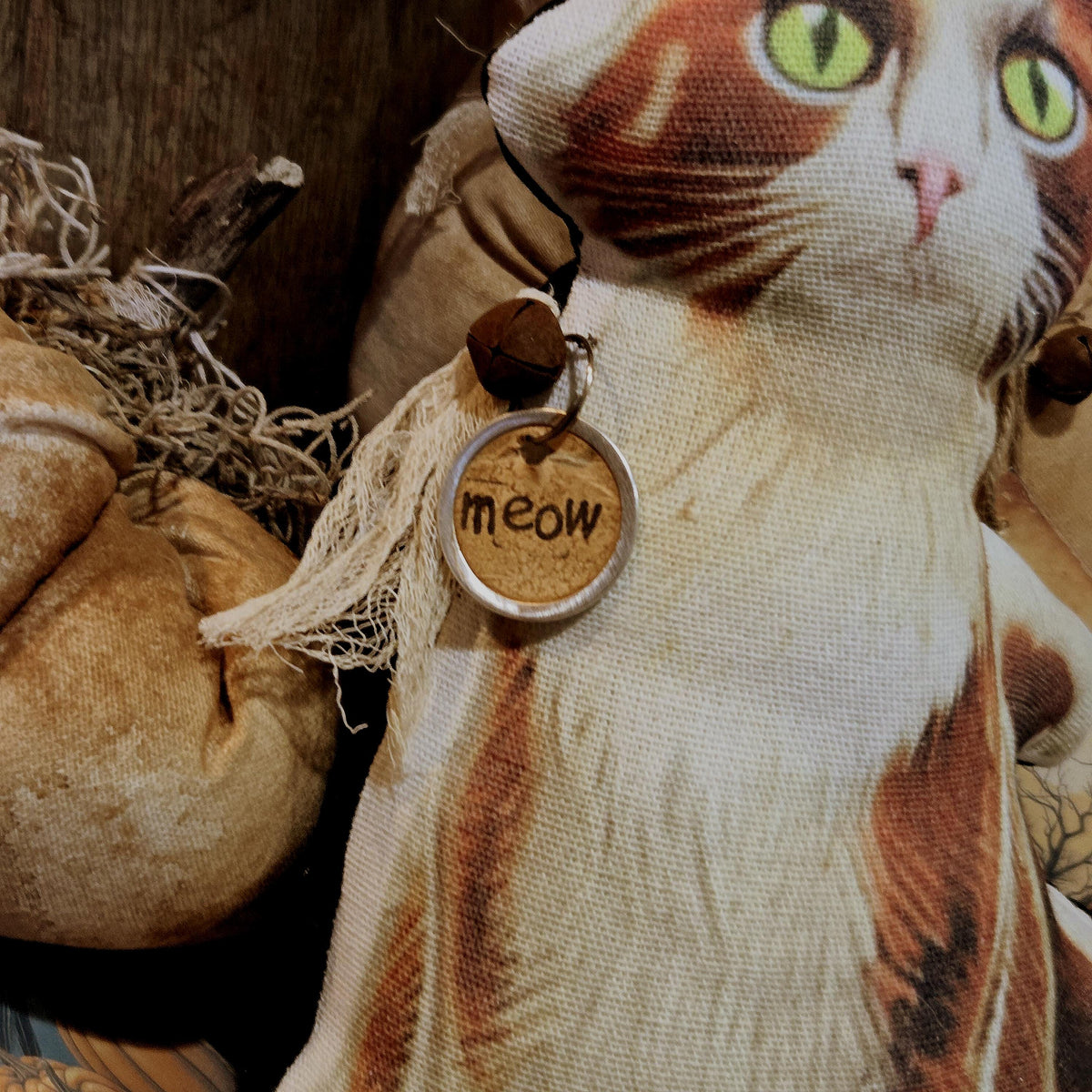 Handmade Primitive Cat Pillow: Rustic Farmhouse Decor with Meow Tag