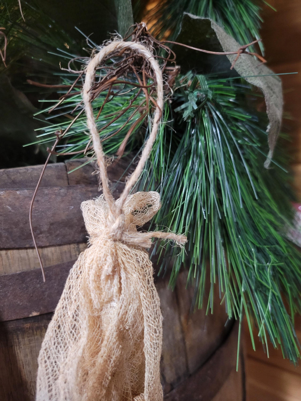 Farmhouse Christmas Garland: Coffee Stained Cheesecloth with Bells & Stars