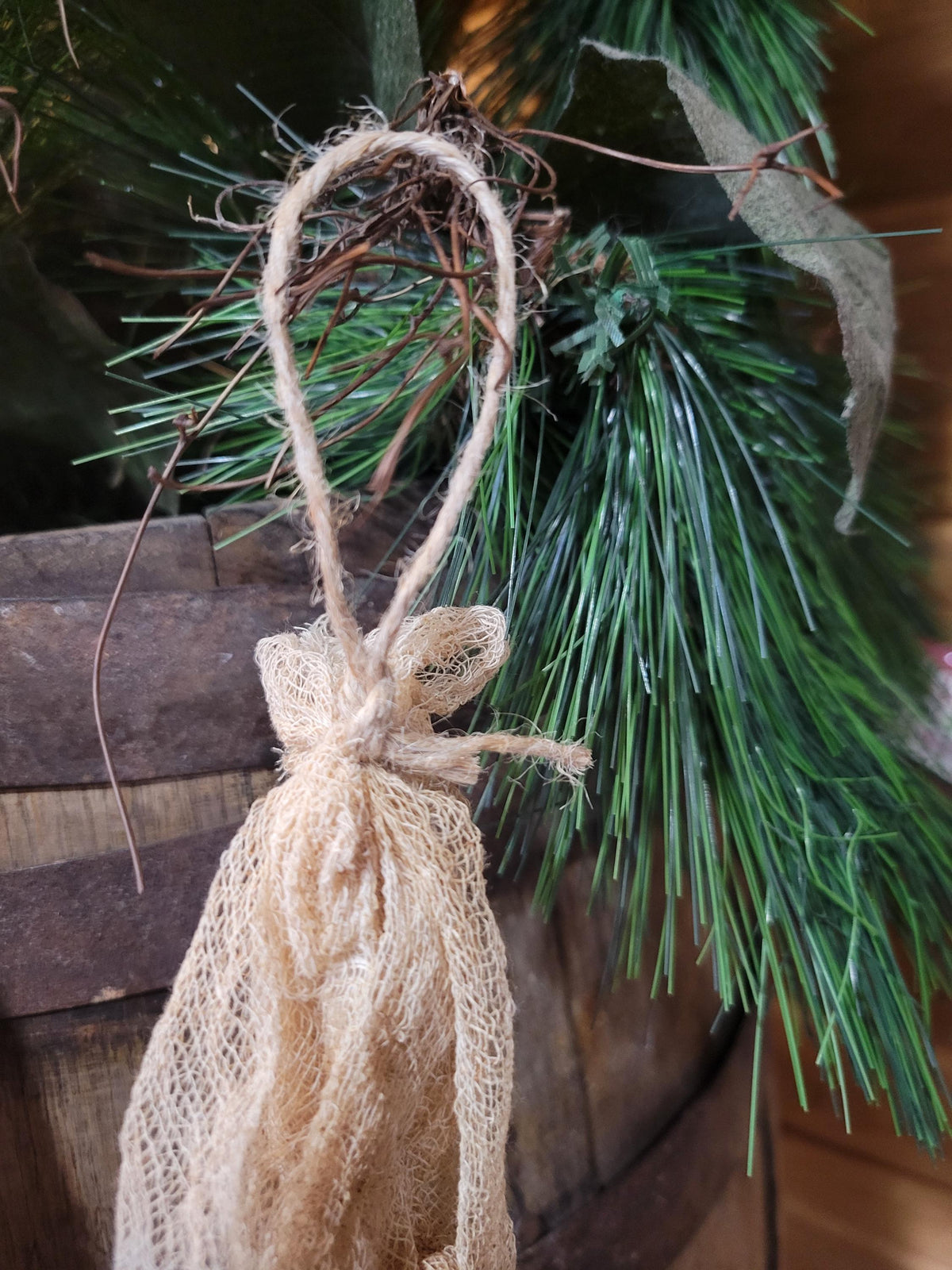 Farmhouse Christmas Garland: Coffee Stained Cheesecloth with Bells & Stars