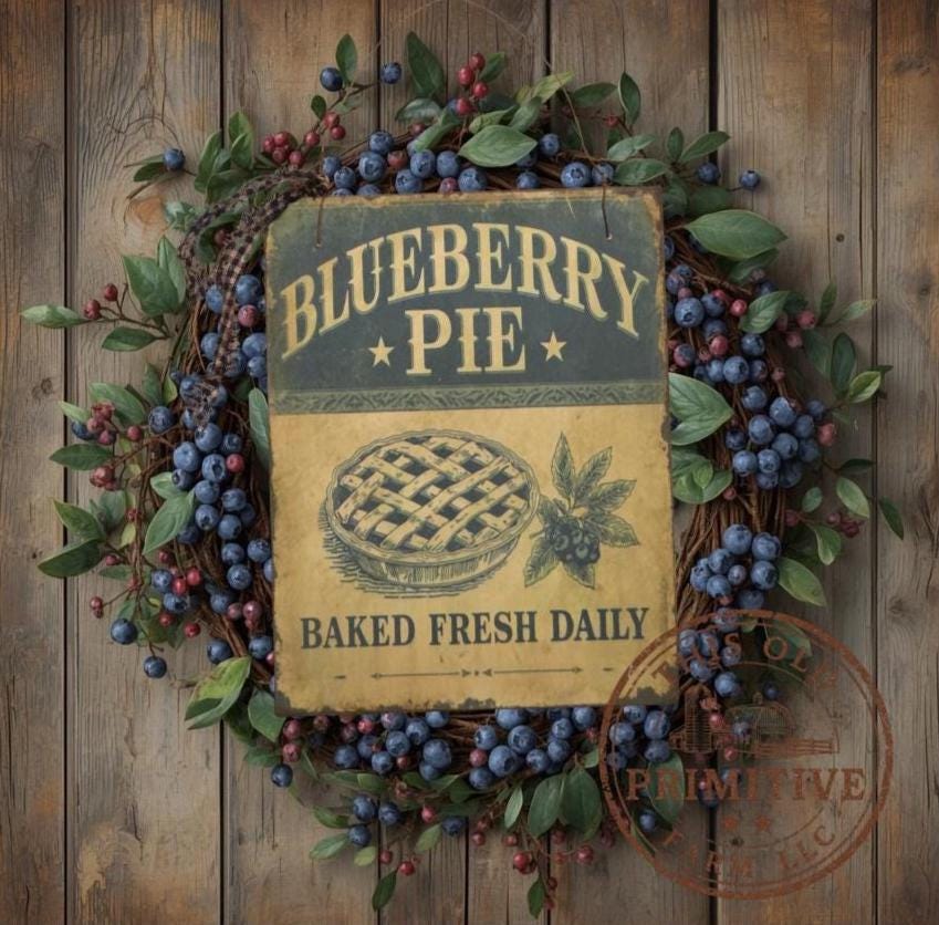 Primitive Blueberry Pie Sign – Baked Fresh Farmhouse Kitchen Decor, Rustic Bakery Wall Art