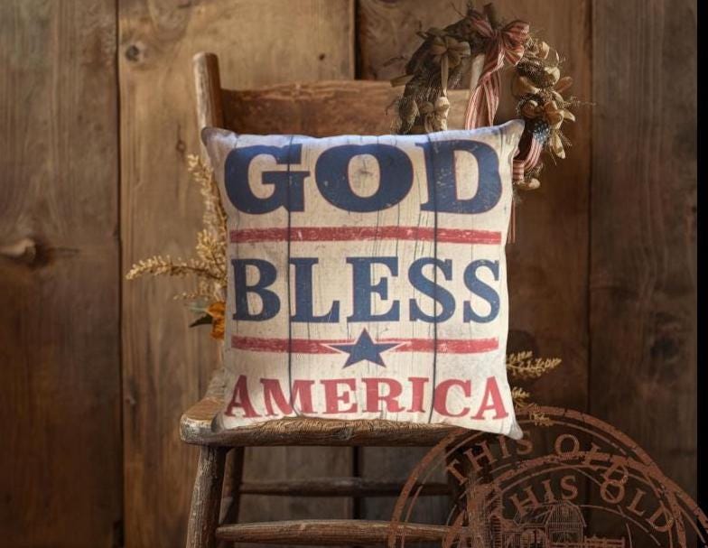 God Bless America Pillow | Primitive Americana Farmhouse Decor (12x12")