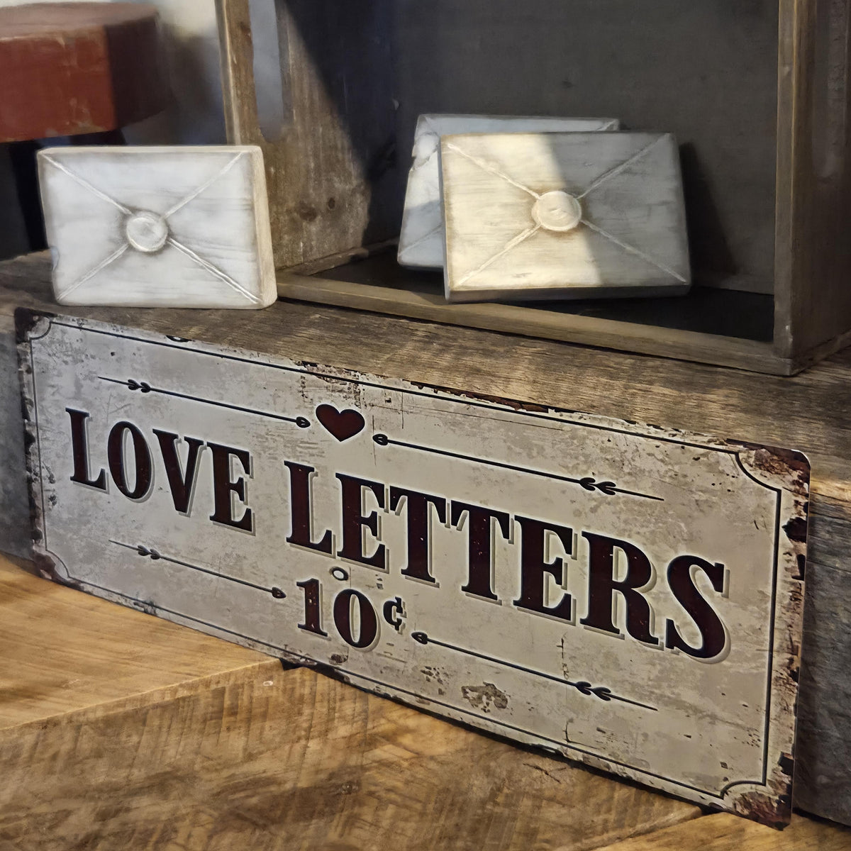 Primitive Valentine Metal Sign “Love Letters 10 cents” | Vintage Valentine Decor | Rustic Farmhouse Love Sign
