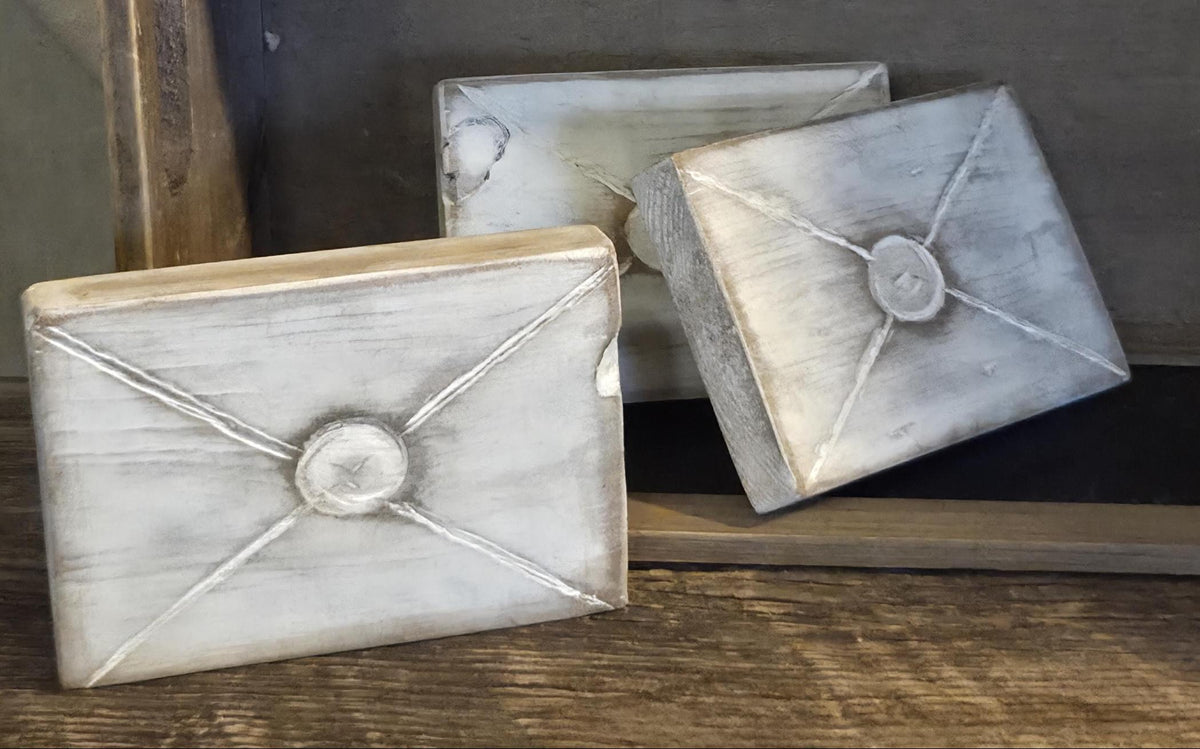 Primitive Wood Envelope Set | Original Hand Cut & Carved Love Letters with Faux Stamped Back Seal