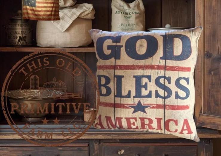 God Bless America Pillow | Primitive Americana Farmhouse Decor (12x12")