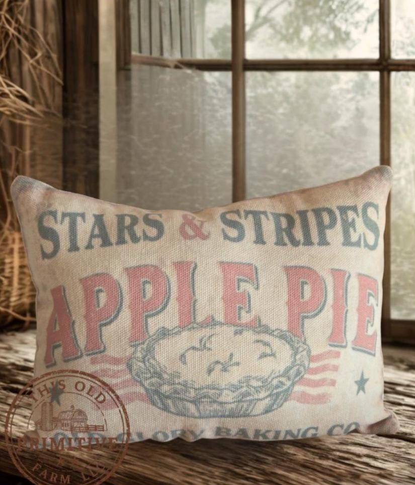 Primitive Apple Pie and Tuck Pillow | Americana Farmhouse Decor | Rustic Patriotic Kitchen Decor | Faux mini apple Pie | Stars and Stripes