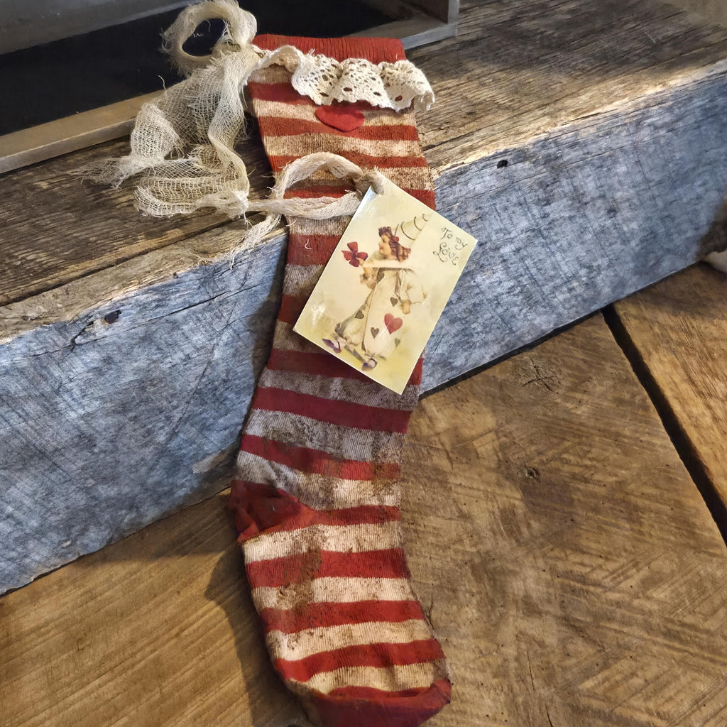 Primitive Valentine Stocking | Cinnamon Grunged Red Stripe Sock | One of a Kind Rustic Valentine Decor