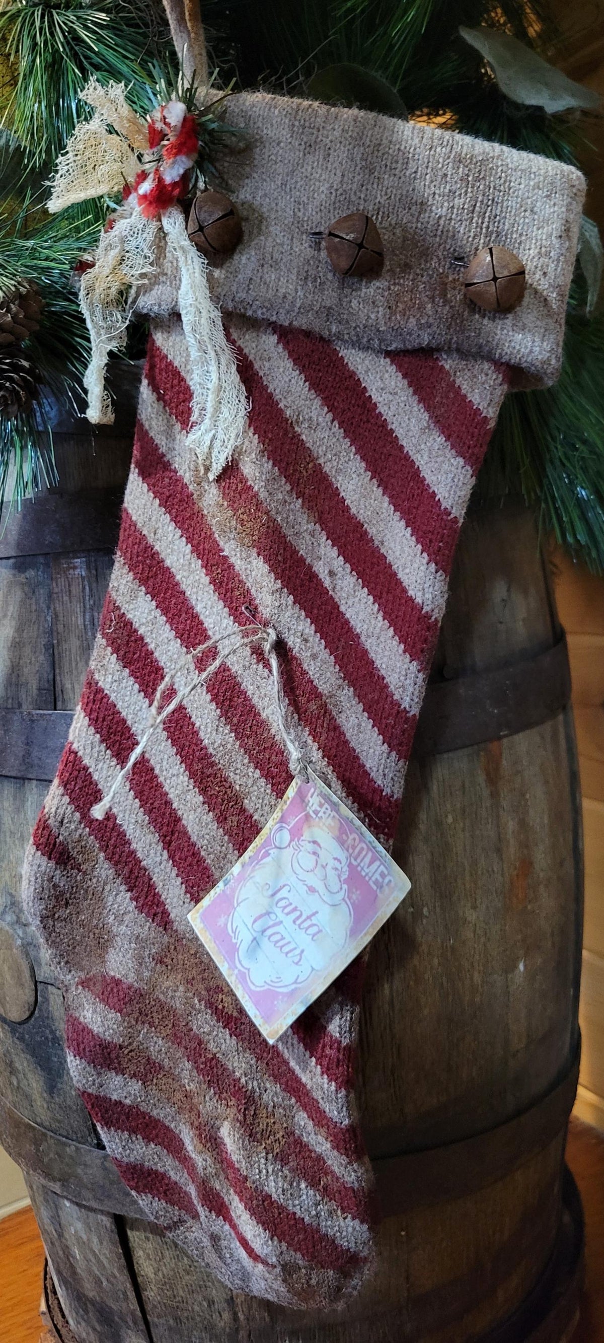 Primitive Knit Christmas Stocking: Grunged, Rusty Bells, Cinnamon Scented, Santa Claus Tag